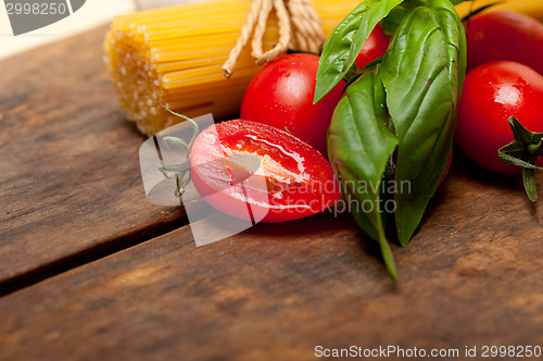 Image of Italian spaghetti pasta tomato and basil