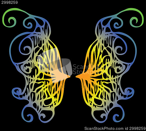 Image of illustration. Iridescent wings of a butterfly on a black backgro