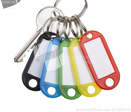 Image of One key with five tags isolated on white.