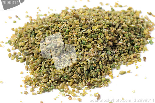 Image of Heap of frikeh grains on a white background