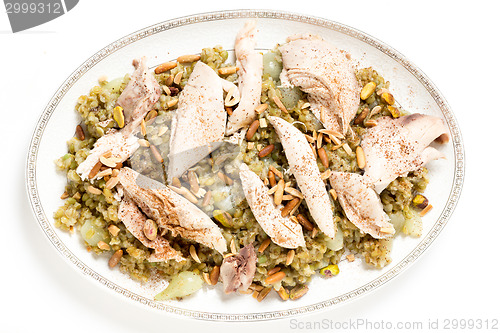 Image of Chicken with frikeh serving dish from above