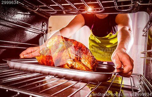 Image of Cooking chicken in the oven at home.