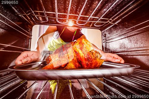 Image of Cooking chicken in the oven at home.