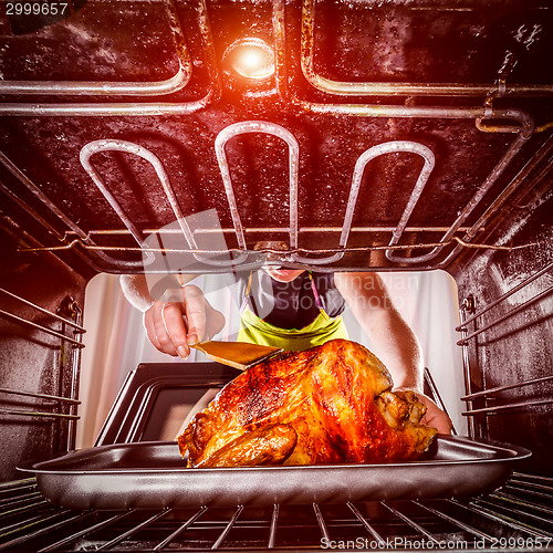 Image of Cooking chicken in the oven at home.