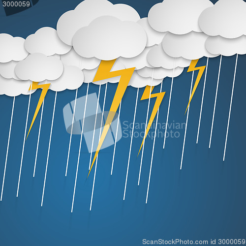 Image of Lightning with rain in clouds. Cartoon style