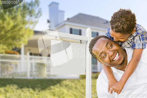 Image of African American Father and Mixed Race Son, Blank Sign, House