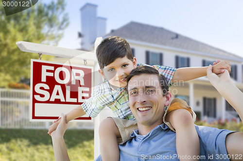 Image of Mixed Race Father, Son Piggyback, Front of House, Sale Sign