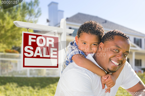 Image of African American Father and Mixed Race Son, Sale Sign, House