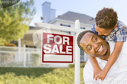 Image of African American Father and Mixed Race Son, Sale Sign, House