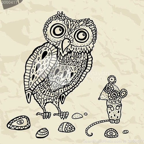 Image of Decorative Owl and  Mouse. Cartoon illustration.