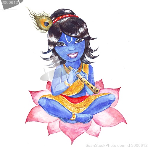 Image of Indian God Krishna. Watercolor illustration.