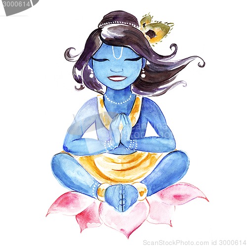 Image of Indian God Krishna. Watercolor illustration.