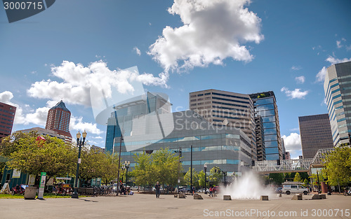 Image of Downtown Portland cityscape on a cloudy day