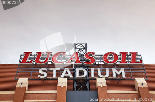 Image of Lucas Oil Stadium sign in Indianapolis