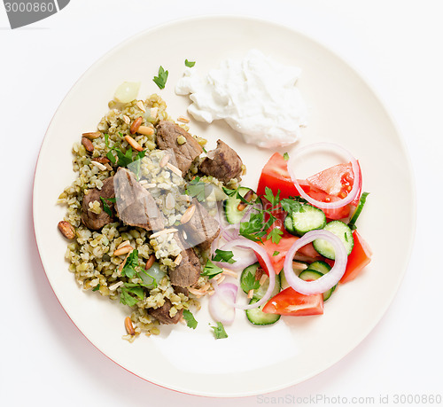 Image of Beef with freekeh meal from above