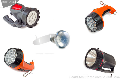 Image of Electric lights and an electric light bulb on white background.