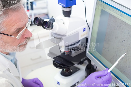 Image of Senior scientist  microscoping in lab.