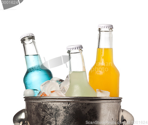 Image of Bottles of soda and ice in a bucket