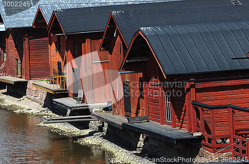 Image of wooden barns near the river in the old town of Porvoo, Finland