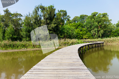 Image of Bridge with lake and plants