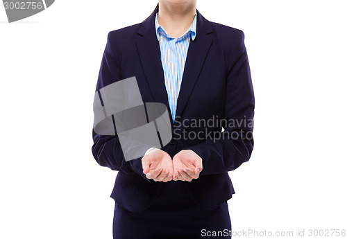 Image of Businesswoman with two hand presenting something