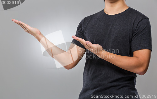 Image of Man with two hand show with blank sign 