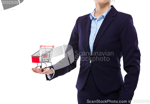 Image of Businesswoman hold with small shopping cart