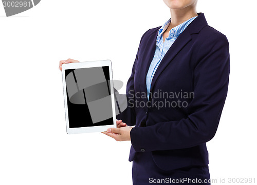 Image of Businesswoman show digital tablet with blank screen