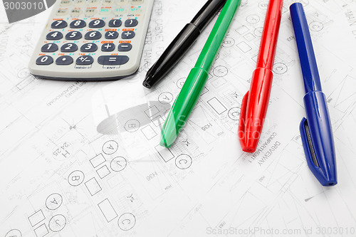 Image of Architectural blueprint and calculator 