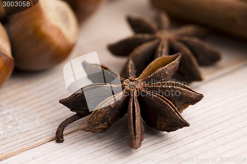 Image of Different kinds of spices, nuts and dried oranges - christmas de