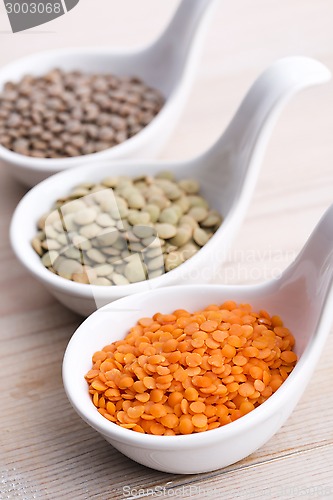 Image of Three kinds of lentil in bowls - red lentil, green lentil and br