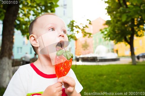 Image of young boy with colorful lollipop