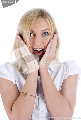 Image of Young attractive woman with surprised emotion