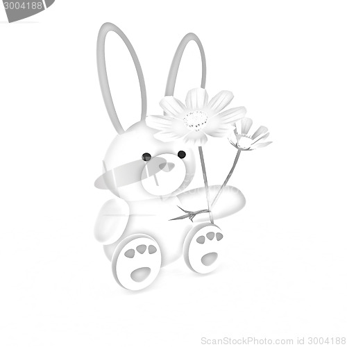 Image of soft toy hare with a little red hearts on white paws and cosmos 