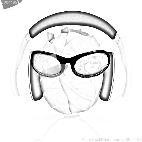 Image of Green cabbage with sun glass and headphones front "face"
