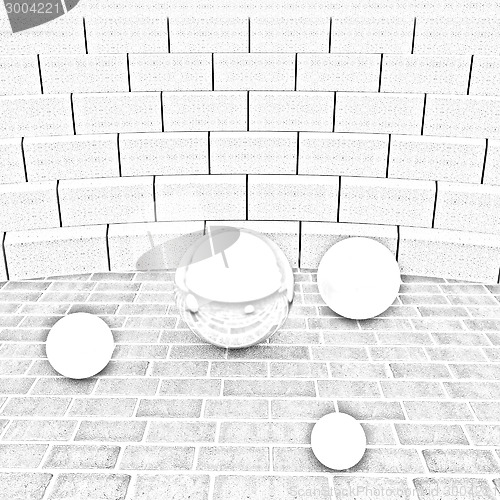 Image of Abstract futuristic interior. Brick scene with chrome sphere and