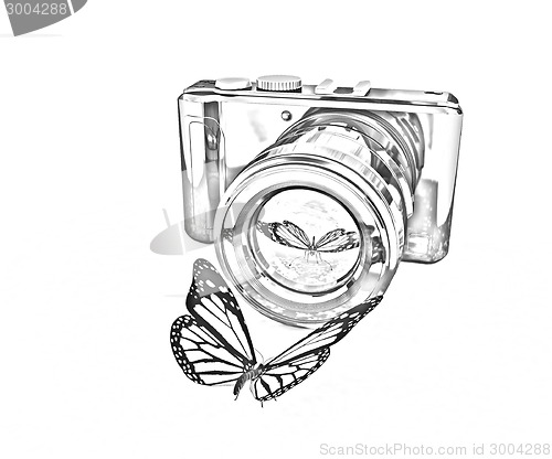 Image of 3d illustration of photographic camera and butterfly