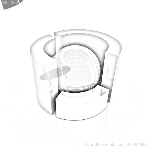 Image of 3D circular diagram and sphere on white background 