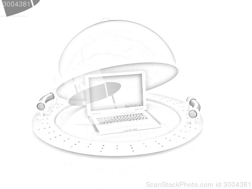 Image of Restaurant cloche and laptop with open lid 
