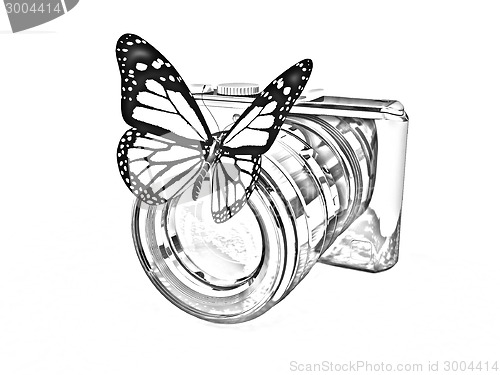 Image of 3d illustration of photographic camera and butterfly