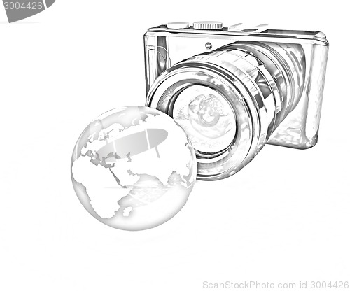 Image of 3d illustration of photographic camera and Earth