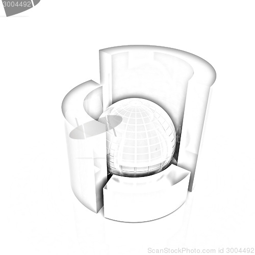 Image of 3D circular diagram and sphere on white background 