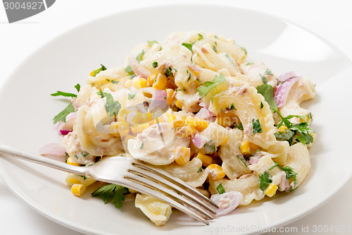 Image of Plate of tuna and sweetcorn pasta salad