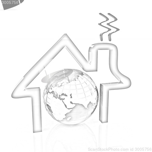 Image of 3d green icon house, earth on white background 