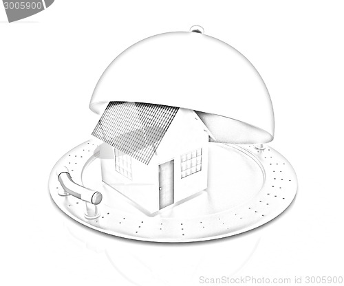 Image of house on restaurant cloche isolated on white background 