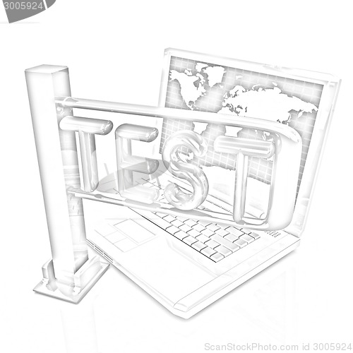 Image of A laptop and a turnstile. The concept of exams or other control