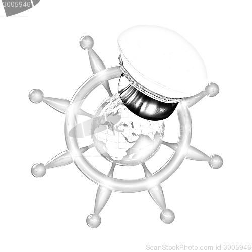 Image of Steering wheel with Earth, and marine cap . Trip around the worl