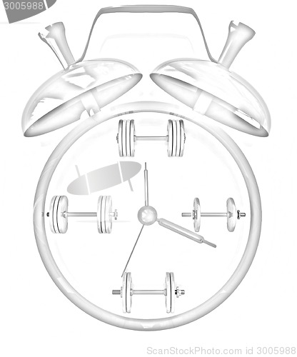 Image of Alarm clock icon with dumbbells. Sport concept 