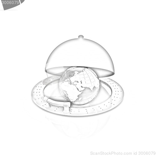 Image of Earth globe on glossy silver dish under food cover