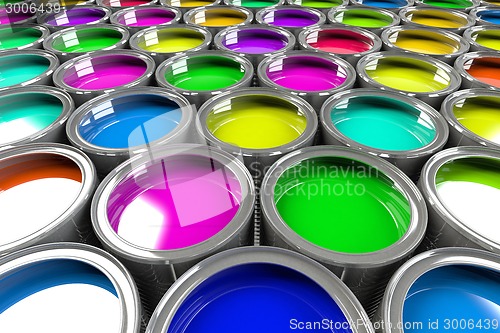 Image of Multiple open paint cans.